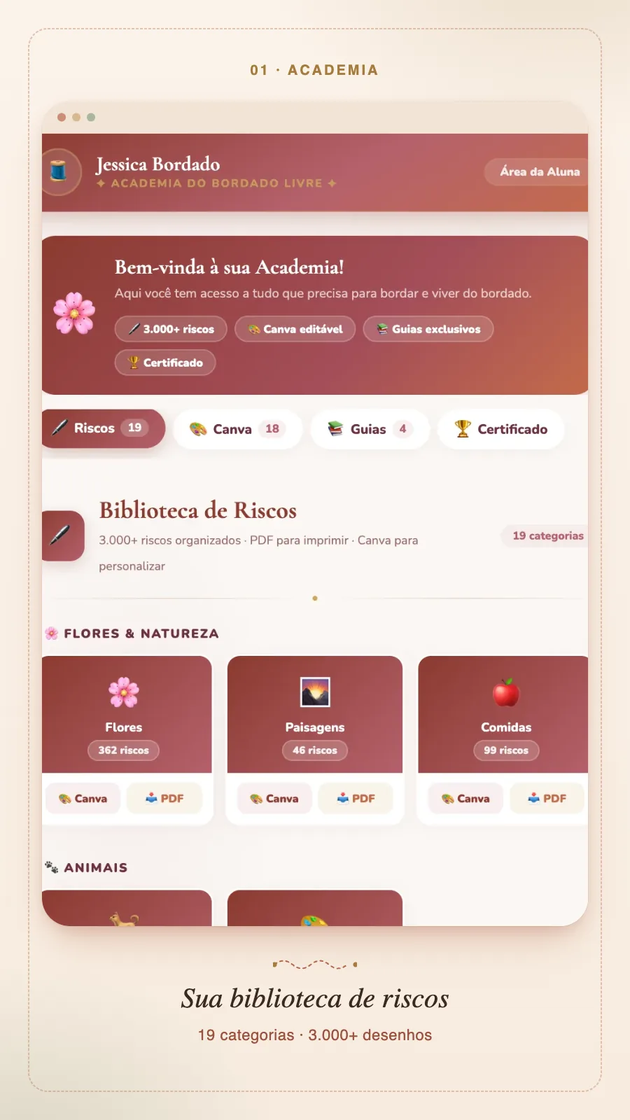 Tela do aplicativo: biblioteca com 19 categorias de riscos