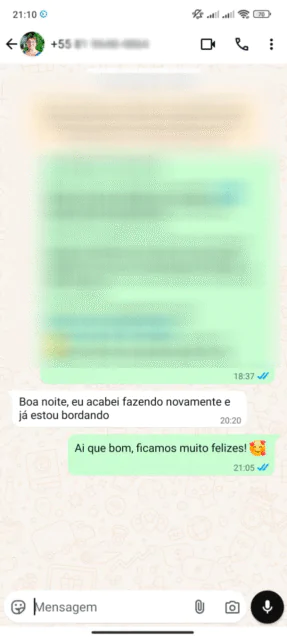 Print WhatsApp — depoimento de aluna da Academia do Bordado Livre