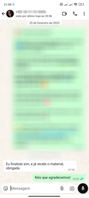 Print WhatsApp — depoimento de aluna da Academia do Bordado Livre