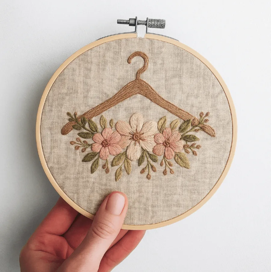 Bordado de cabide com flores, feito por aluna da Academia do Bordado Livre